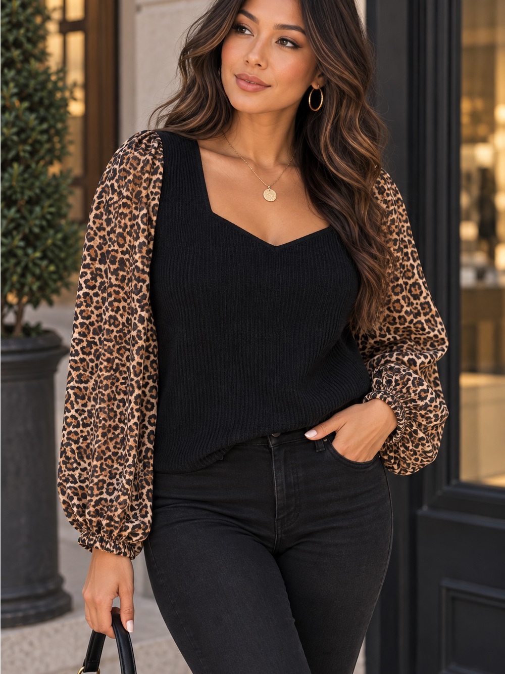 Bailey 44 XL Black Knit Top Leopard Print Balloon Sleeves